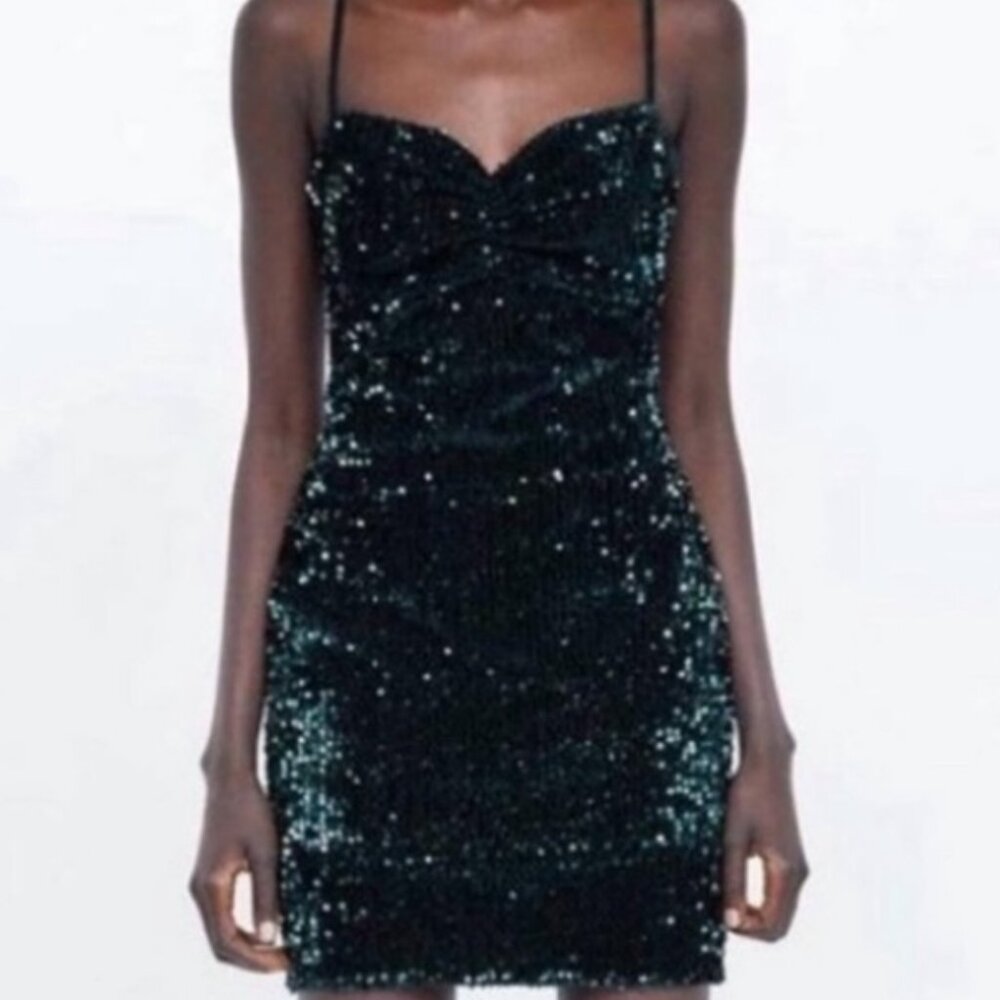 Zara Basic Dark Green Emerald Sequin Mini Dress S… - image 1
